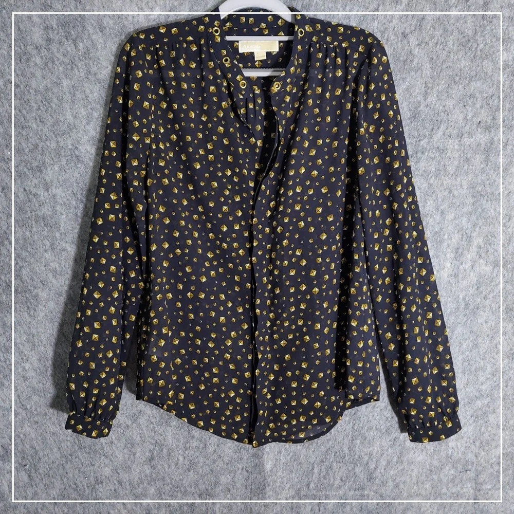 Michael Kors Blouse Women M Black Gold Stud Print Grommet Neck Button Front Top
